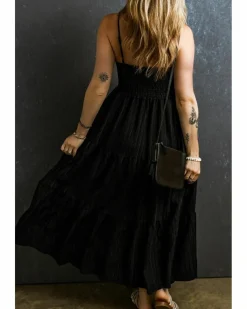 Smock Dresses*Azura Exchange Spaghetti Straps Smocked Pleated Tiered Maxi Dress Black