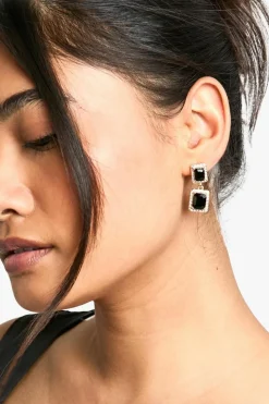 Earrings*boohoo Black Stone Embellished Drop Earrings gold