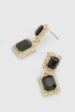 Earrings*boohoo Black Stone Embellished Drop Earrings gold