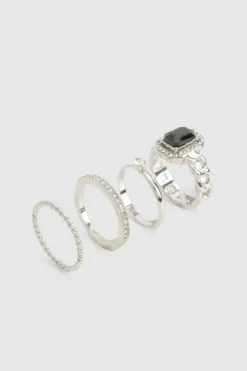 Rings*boohoo Black Stone Embellished Ring 4 Pack silver