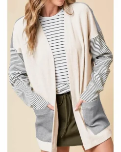 Cardigans*Azura Exchange Black Stripe Colorblock Patchwork Open Front Cardigan with Pocket Multi