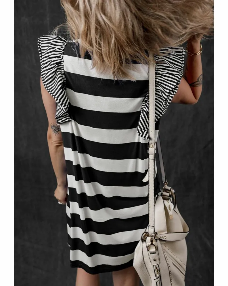 Shirt Dresses|T-Shirt Dresses*Azura Exchange Black Stripe Contrast Ruffled Sleeve T-shirt Dress Multi