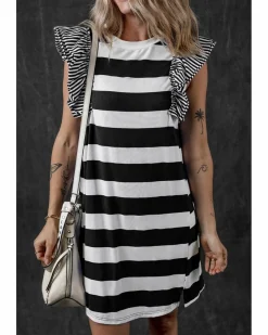 Shirt Dresses|T-Shirt Dresses*Azura Exchange Black Stripe Contrast Ruffled Sleeve T-shirt Dress Multi