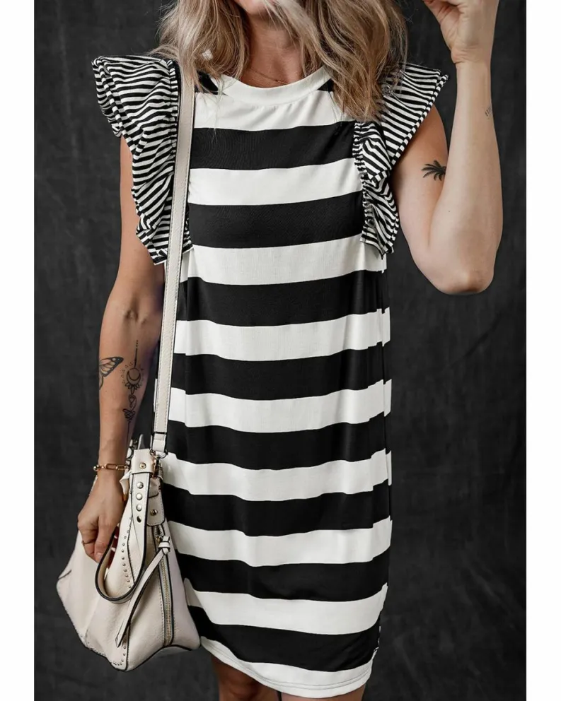Shirt Dresses|T-Shirt Dresses*Azura Exchange Black Stripe Contrast Ruffled Sleeve T-shirt Dress Multi