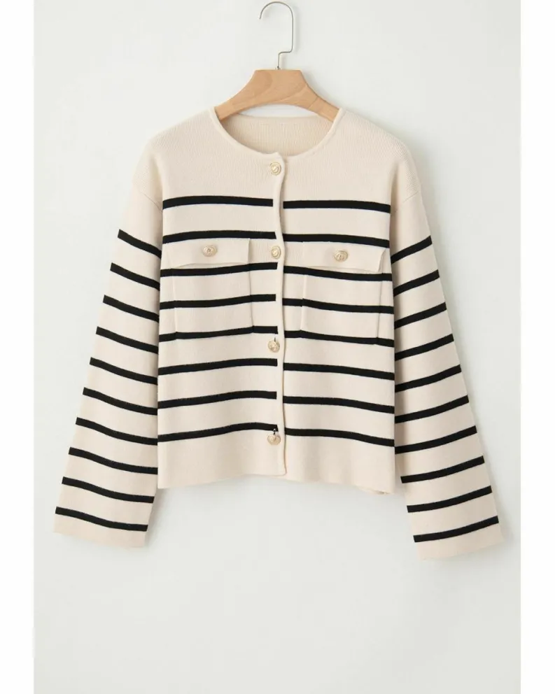 Cardigans*Azura Exchange Black Stripe Flap Pocket Buttoned Cardigan Sweater Multi