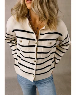 Cardigans*Azura Exchange Black Stripe Flap Pocket Buttoned Cardigan Sweater Multi