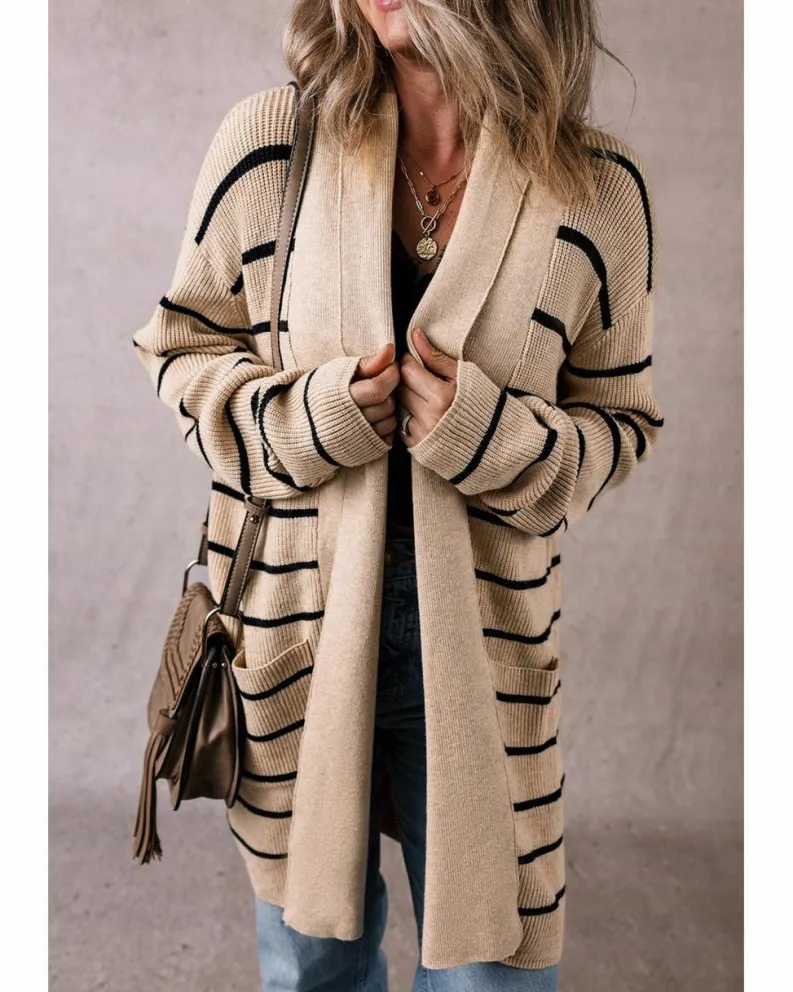 Cardigans*Azura Exchange Black Stripe Shawl Neckline Open Cardigan with Pockets Multi