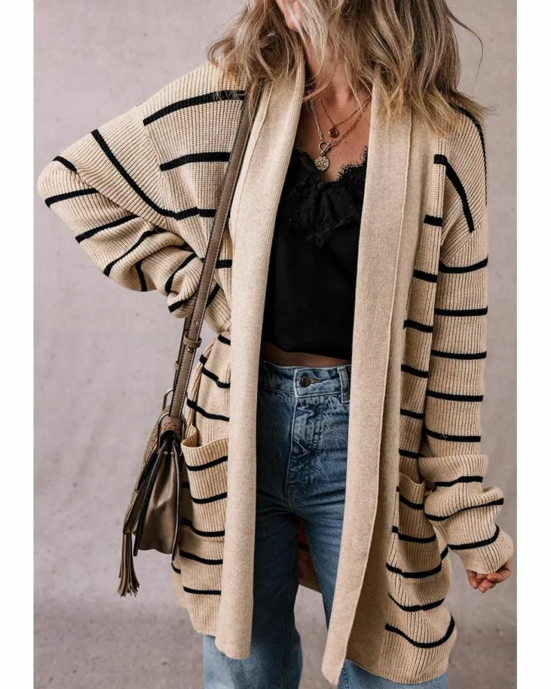 Cardigans*Azura Exchange Black Stripe Shawl Neckline Open Cardigan with Pockets Multi