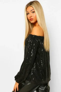 Long Sleeve Tops*boohoo Tall Sequin Bardot Long Sleeve Top black