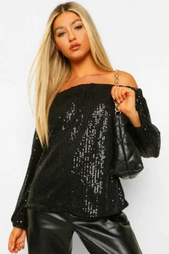 Long Sleeve Tops*boohoo Tall Sequin Bardot Long Sleeve Top black