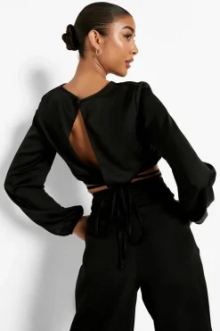 Long Sleeve Tops*boohoo Tie Waist Long Sleeve Crop Top black