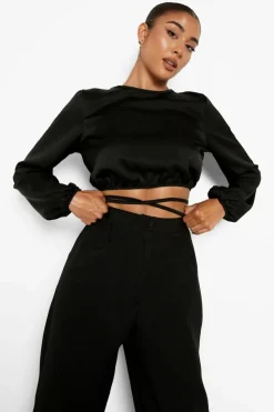 Long Sleeve Tops*boohoo Tie Waist Long Sleeve Crop Top black