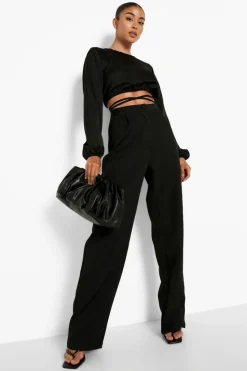 Long Sleeve Tops*boohoo Tie Waist Long Sleeve Crop Top black