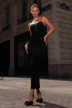 Midi Dresses*Quiz Velvet Diamante Midi Dress Black