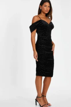 Midi Dresses*Quiz Velvet Glitter Cold Shoulder Midi Dress Black