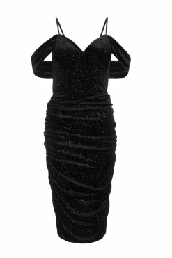 Midi Dresses*Quiz Velvet Glitter Cold Shoulder Midi Dress Black