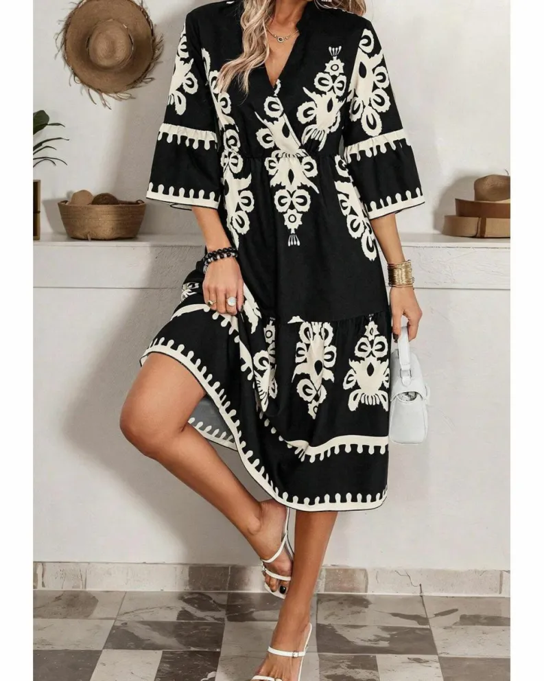 Midi Dresses*Azura Exchange Western Geometric Print 3/4 Sleeve Loose Midi Dress Black