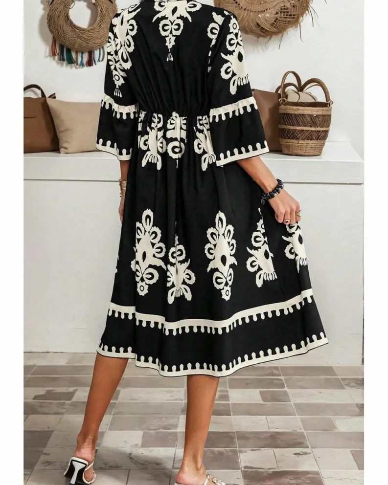 Midi Dresses*Azura Exchange Western Geometric Print 3/4 Sleeve Loose Midi Dress Black