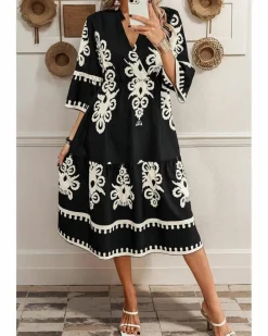 Midi Dresses*Azura Exchange Western Geometric Print 3/4 Sleeve Loose Midi Dress Black