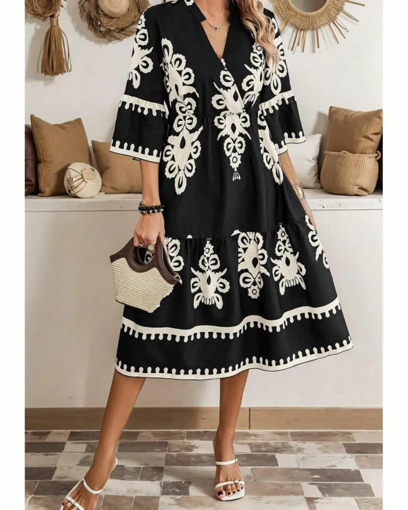 Midi Dresses*Azura Exchange Western Geometric Print 3/4 Sleeve Loose Midi Dress Black
