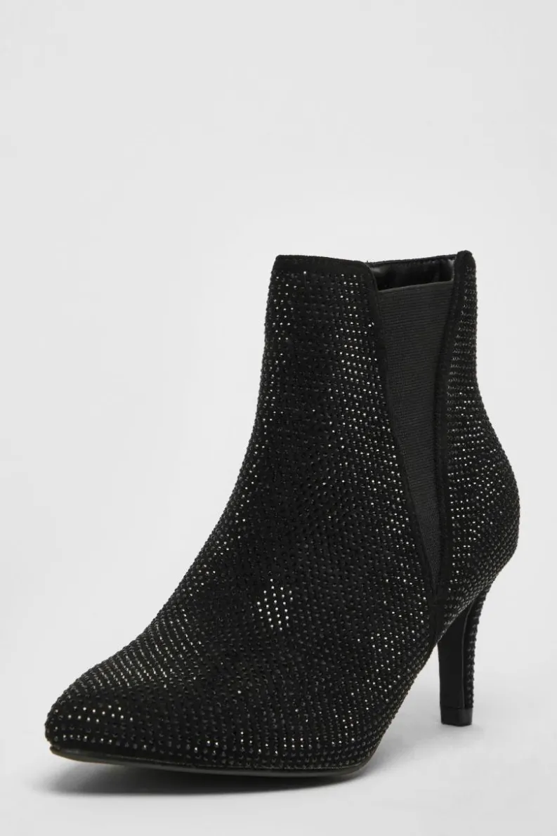 Ankle Boots*Quiz Wide Fit Diamante Ankle Boots Black