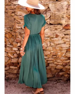Wrap Dresses*Azura Exchange Blackish Solid Color V Neck Wrap Pleated Short Sleeve Maxi Dress Green