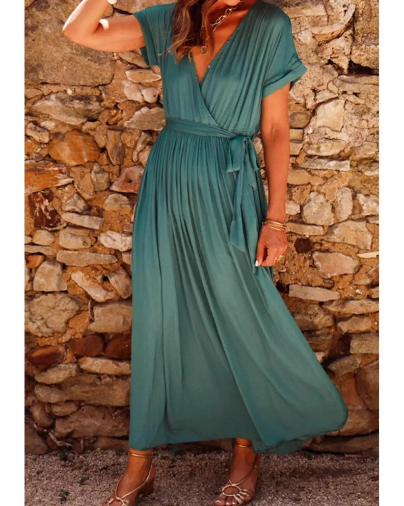Wrap Dresses*Azura Exchange Blackish Solid Color V Neck Wrap Pleated Short Sleeve Maxi Dress Green