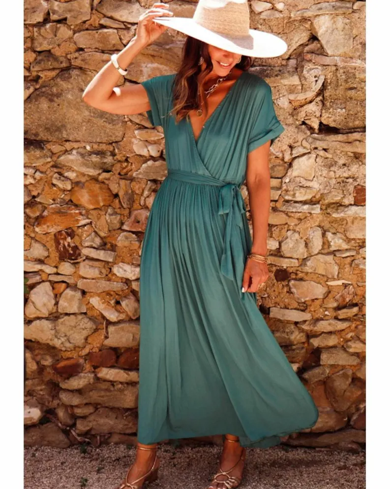 Wrap Dresses*Azura Exchange Blackish Solid Color V Neck Wrap Pleated Short Sleeve Maxi Dress Green
