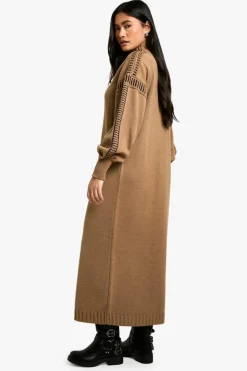Jumper Dresses|Jumper Dresses*boohoo Blanket Stitch Detail Oversized Knitted Maxi Dress camel