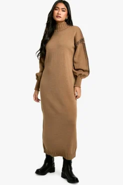 Jumper Dresses|Jumper Dresses*boohoo Blanket Stitch Detail Oversized Knitted Maxi Dress camel