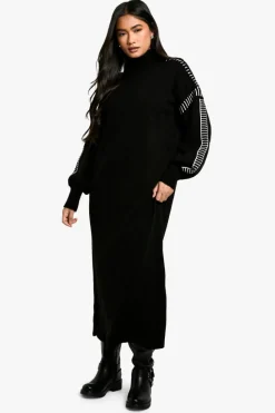 Jumper Dresses|Jumper Dresses*boohoo Blanket Stitch Detail Oversized Knitted Maxi Dress black