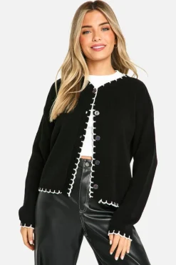 Cardigans|Knitwear*boohoo Blanket Stitch Knitted Crop Cardigan black_ecru