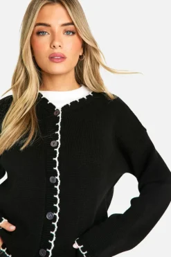 Cardigans|Knitwear*boohoo Blanket Stitch Knitted Crop Cardigan black_ecru
