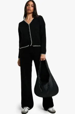 Knitted Co-Ords|Knitwear*boohoo Blanket Stitch Knitted Crop Cardigan and Wide Leg Trouser Co-Ord black