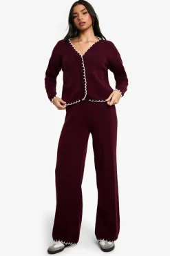 Knitted Co-Ords|Knitwear*boohoo Blanket Stitch Knitted Crop Cardigan and Wide Leg Trouser Co-Ord plum