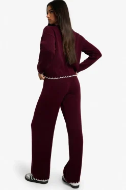 Knitted Co-Ords|Knitwear*boohoo Blanket Stitch Knitted Crop Cardigan and Wide Leg Trouser Co-Ord plum