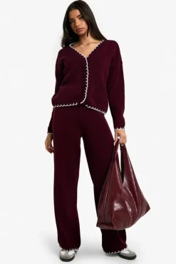 Knitted Co-Ords|Knitwear*boohoo Blanket Stitch Knitted Crop Cardigan and Wide Leg Trouser Co-Ord plum