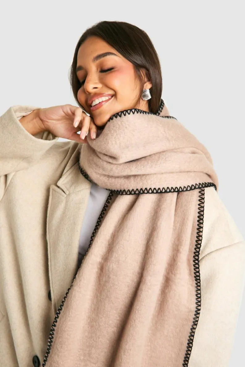 Hats & Gloves|Hats & Gloves*boohoo Blanket Stitch Trim Knitted Scarf stone