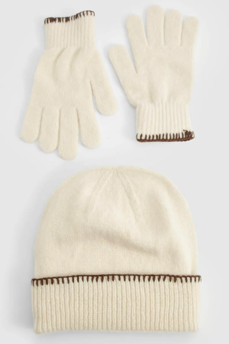 Earmuffs|Hats & Gloves*boohoo Blanket Stitch Trim Knitted Gloves & Beanie Set cream