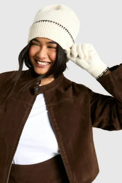 Earmuffs|Hats & Gloves*boohoo Blanket Stitch Trim Knitted Gloves & Beanie Set cream