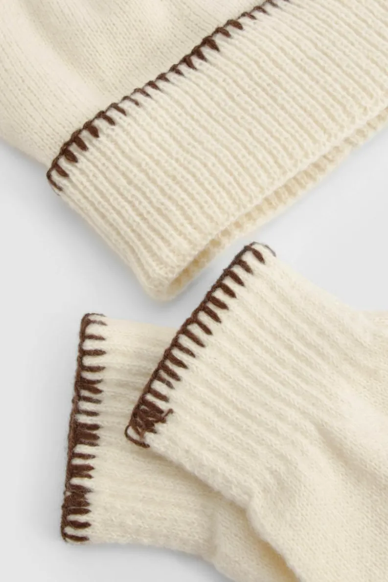 Earmuffs|Hats & Gloves*boohoo Blanket Stitch Trim Knitted Gloves & Beanie Set cream