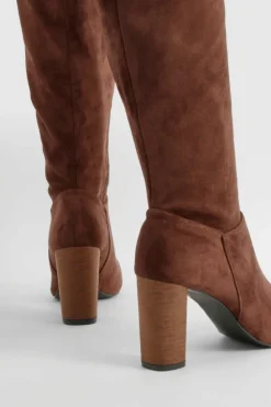 Heels|Over The Knee Boots*boohoo Block Wooden Heel Faux Suede Knee High Boots chocolate