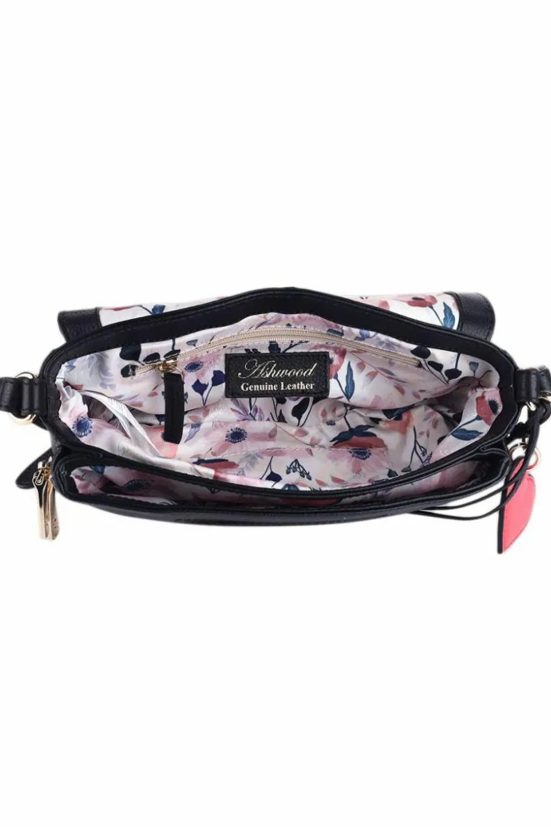 Shoulder Bags|Handbags*Ashwood Leather Blossom Flap Over Real Leather Shoulder Bag Black