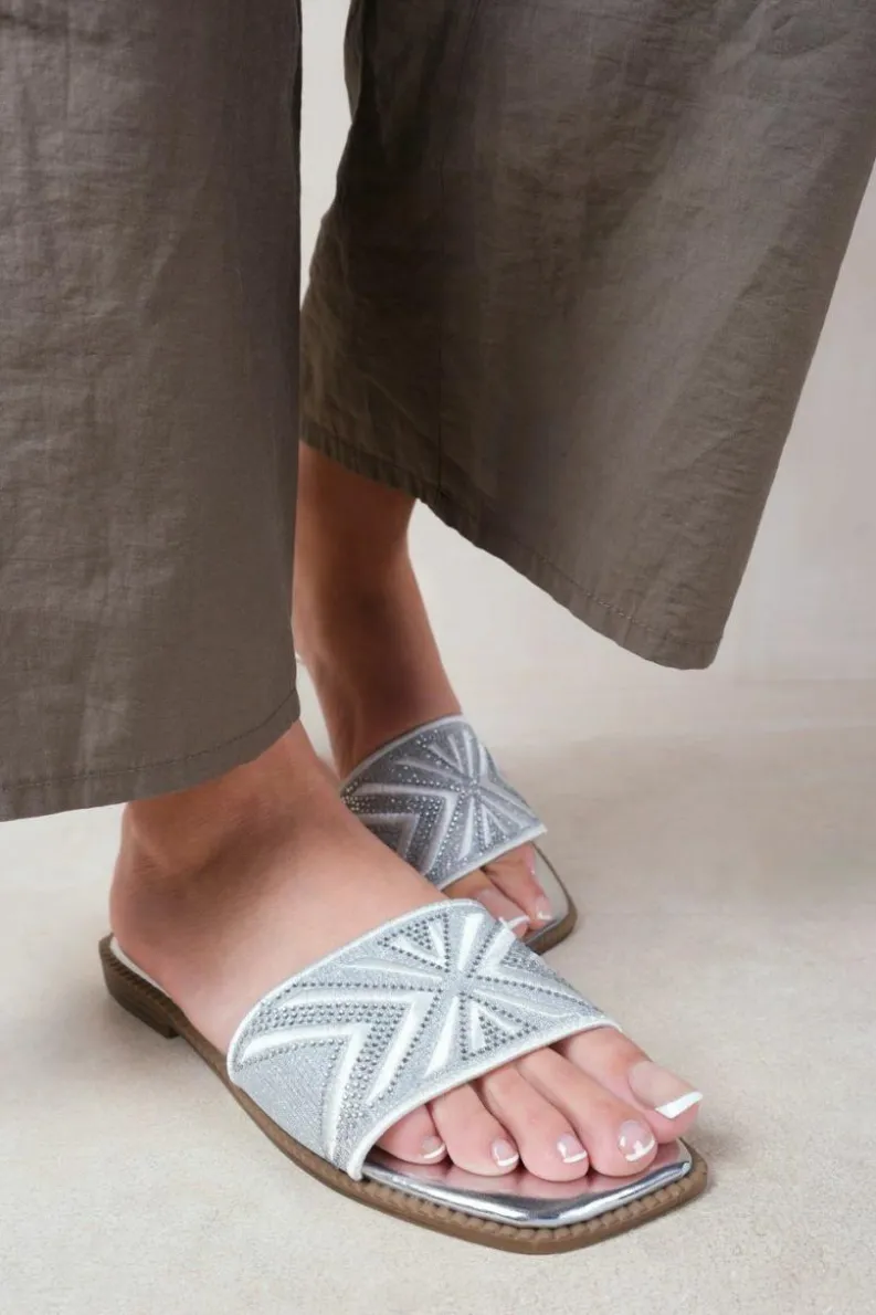Sandals*Where's That From Blossom' Flat Sandals With Sparkly Textured Single Band Silver
