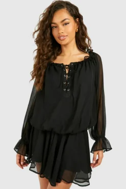 Smock Dresses*boohoo Blouson Chiffon Mini Dress black