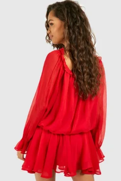 Smock Dresses*boohoo Blouson Chiffon Mini Dress red