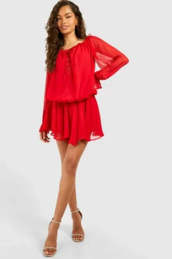 Smock Dresses*boohoo Blouson Chiffon Mini Dress red