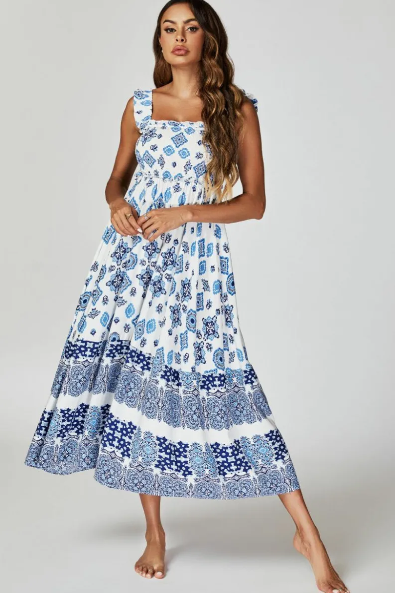 Smock Dresses*FS Collection Blue Border Print Hem Detail Tiered Maxi Dress In White
