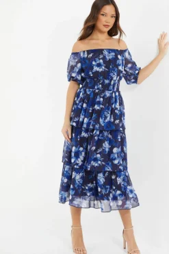 Midi Dresses*Quiz Chiffon Floral Bardot Midi Dress Blue