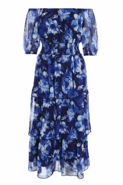 Midi Dresses*Quiz Chiffon Floral Bardot Midi Dress Blue